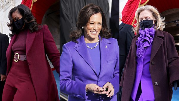 Michelle Obama, Kamala Harris and Hillary Clinton in purple and burgundy outfits at the 2021 US inauguration